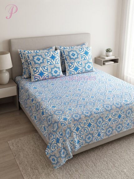 Blue & White Geometric Printed Bedsheet & Pillow Cover Set