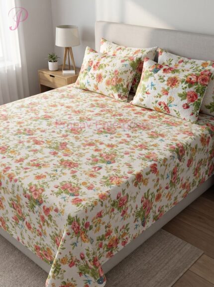 Multicolour Floral Printed Bedsheet & Pillow Cover Set