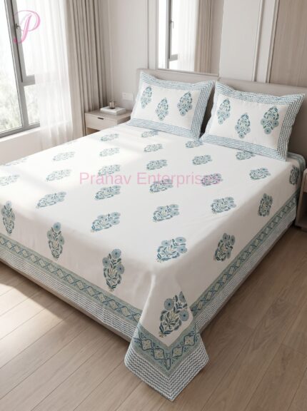 Elegant White Floral Butti Printed Bedsheet with Blue Border