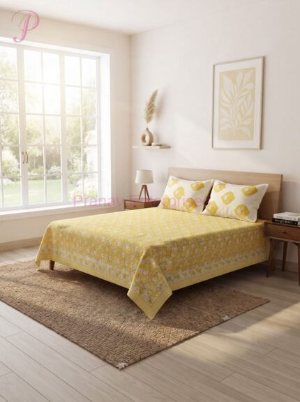 Yellow Floral Printed Bedsheet & Pillow Cover Set