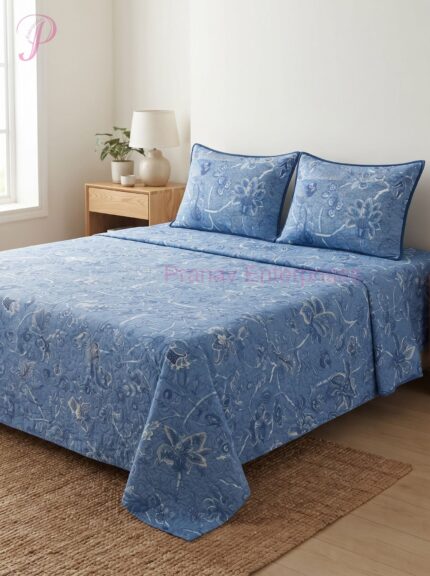 Sky Blue Floral Printed Bedsheet & Pillow Cover Set